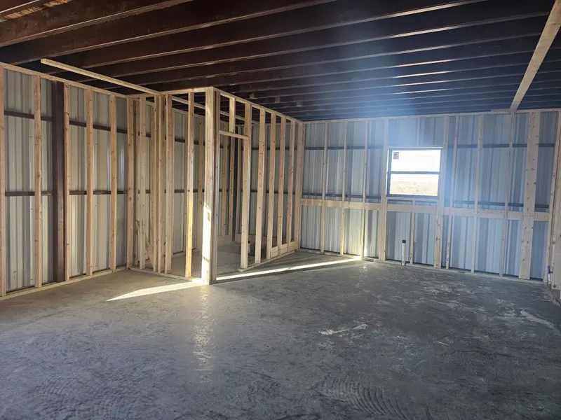 Wood framing metal building interior